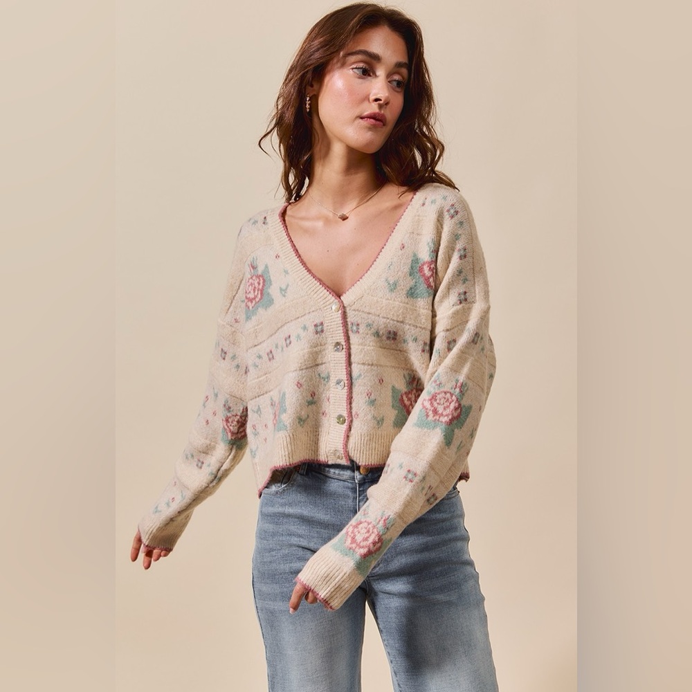 SO ME Floral Pattern Long Sleeve Button Sweater Cardigan